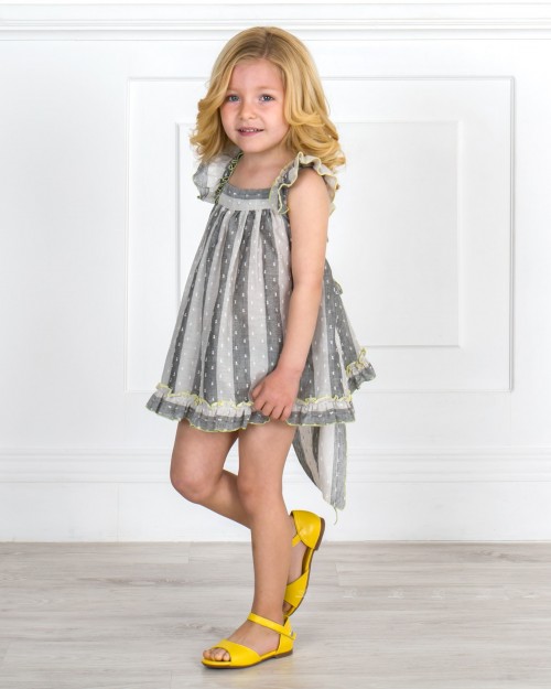  Girls White & Blue Striped Plumeti 2 Piece Dress Set  & Yellow Leather Sandals Outfit 