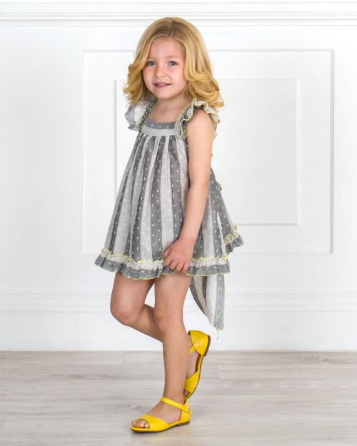  Girls White & Blue Striped Plumeti 2 Piece Dress Set & Yellow Leather Sandals Outfit 