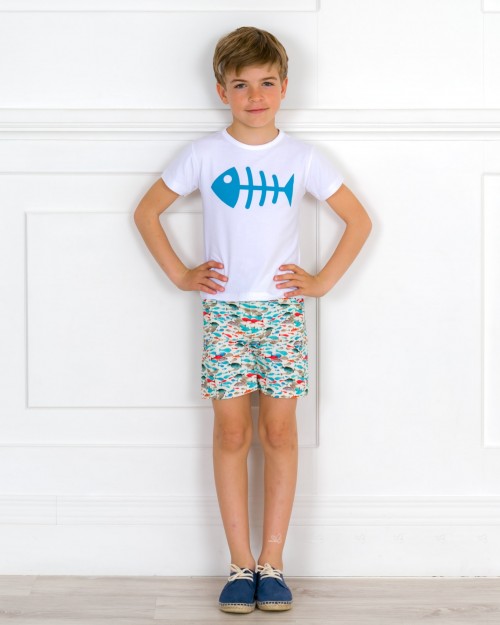 Baby Boys Fishbone T-Shirt & Fish Shorts Set & Blue Suede & Jute Espadrilles Outfit 