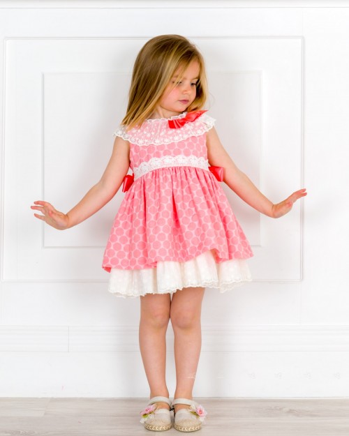 Girls Pink & Ivory Jacquard Spotted Dress & Espadrille Sandals with Pink Flower Outfit 