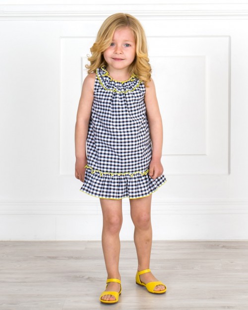 Baby Girls Black Gingham 2 Piece Dress Set & Yellow Leather Sandals Outfit 