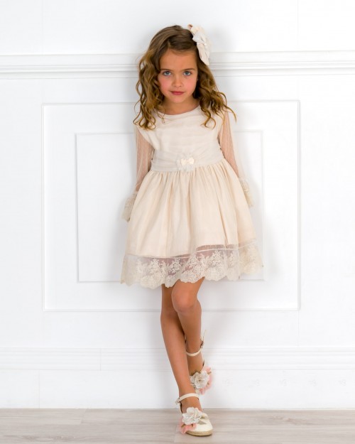 Outfit Girls Beige Tulle & Lace Dress & Hairband & Hair Clip & Beige Espadrille Sandals 
