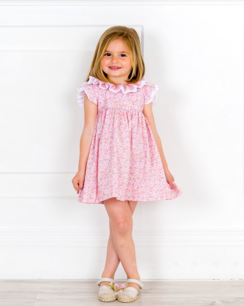 Girls Pink Floral Print Dress & Ruffle Collar & Espadrille Sandals with Pink Flower Outfit 