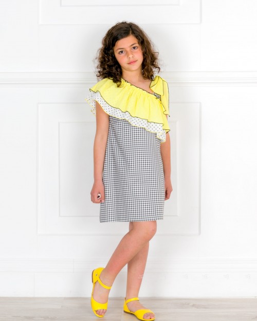 Girls Black & White Checked Off The Shoulder Dress & Polka Dot Print Hairband & Yellow Leather Sandals Outfit