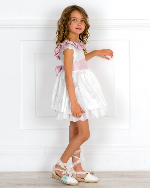 Girls Off -White & Pink Brocade Dress with Sash & Girls Ivory Espadrille Sandals Outfit 