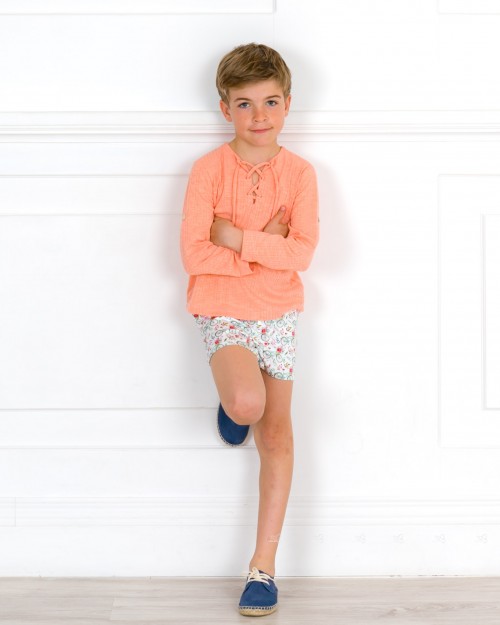 Boys Coral Pink T-Shirt & Boys Bikes Print Short & Blue Espadrilles Outfit 