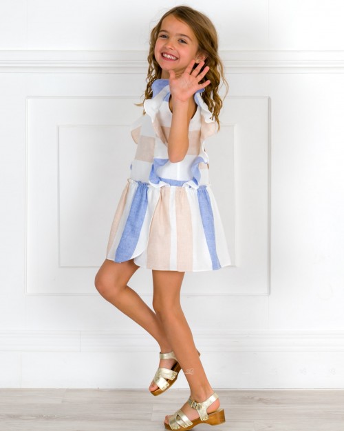 Girls Blue & Ivory Striped Dress with Ruffle & Golden Wooden Clogs Sandals  Outfit | Missbaby