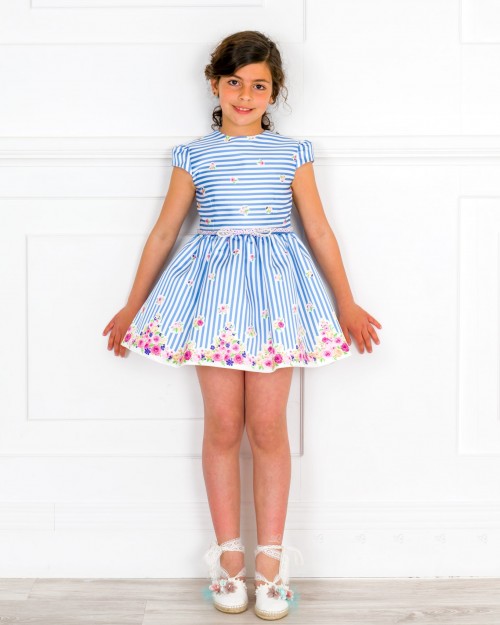 Girls Blue Striped & Floral Print Dress & Girls Ivory Espadrille Sandals with Pink & Blue Flower Outfit 