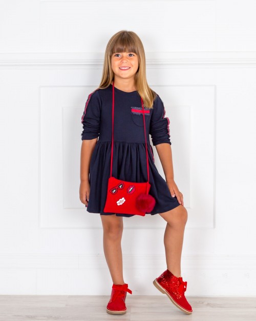 Girls Navy Blue Jersey Dress & Red Glitter Boots Outfit