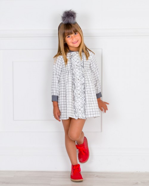 Girls Grey Checked Dress & Red Glitter Boots Outfit
