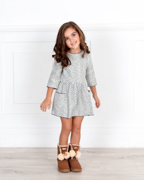 Girls Light Grey Zig-Zag Dress with Beige Coat & Boots Outfit 