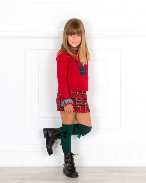Girls Red Tartan Print 3 Piece Skort Set Outfit & Black Boots | Missbaby