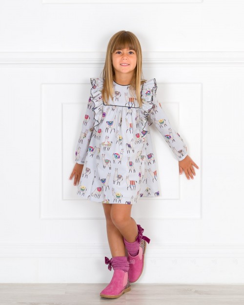 Girls Grey Llama Print Dress & Pink Glitter Boots Outfit