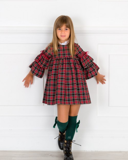 Girls Red Tartan Dress with Ruffle Sleeves Outfit
