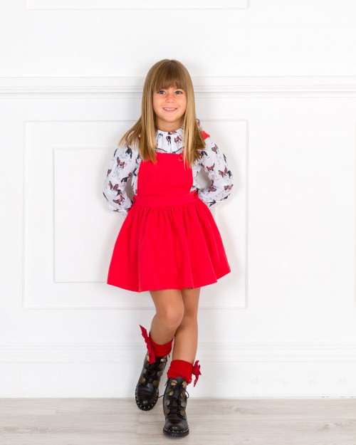 Girls Dog Print Blouse & Red Pinafore Skirt Set Outfit 