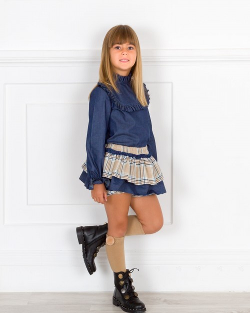 Girls Blue Denim Blouse & Beige Checked Skort Set & Girls Beige Wool Blended Coat Outfit