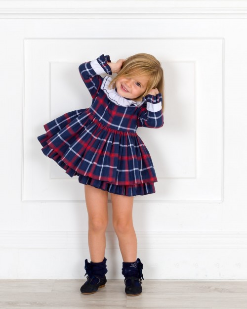 Girls Blue & Burgundy Checked Dress Outfit
