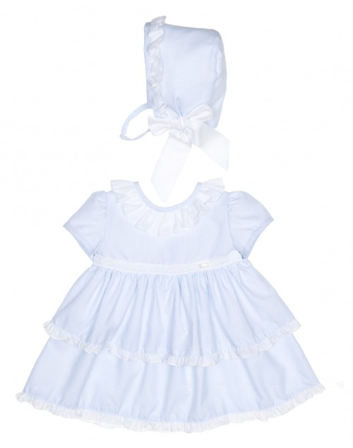 Baby Blue & White Striped Dress & Bonnet Set 