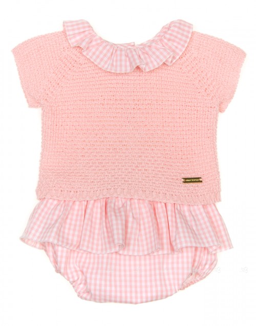 Baby Pastel Pink Knitted Sweater & Gingham Knickers Set 