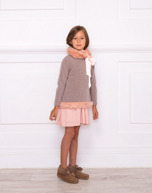 Girls Pink Sequin Dress & Beige Sweater Outfit
