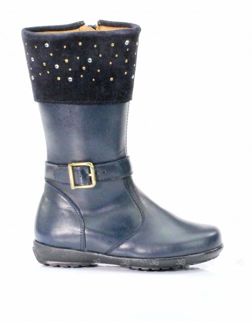Navy Leather & Suede Cristals Calf Boots