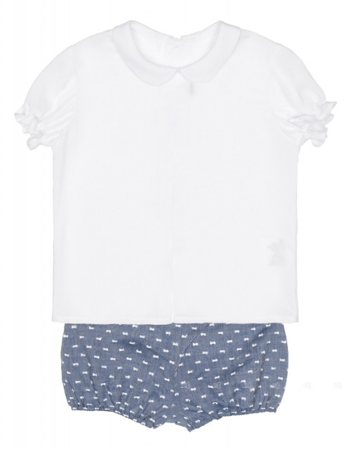 Baby White Cotton Shirt & Denim Polka Dot Knickers Set 