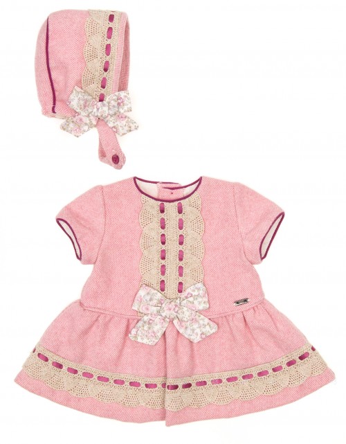 Baby Pink Cheviot Dress  & Bonnet Set 