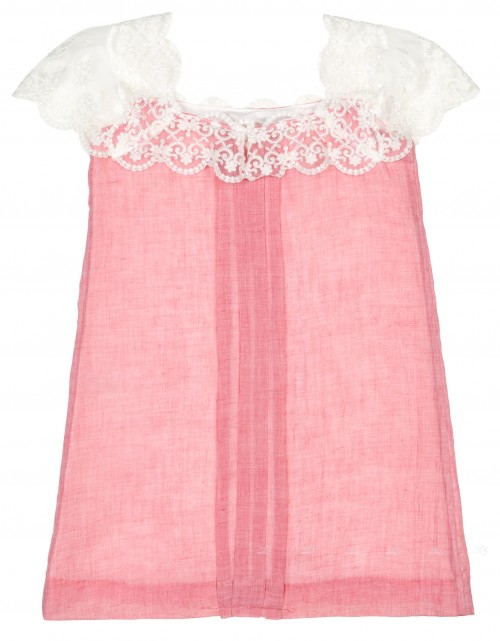 Girls Pink & Ivory Muslin Dress with Lace Neckline