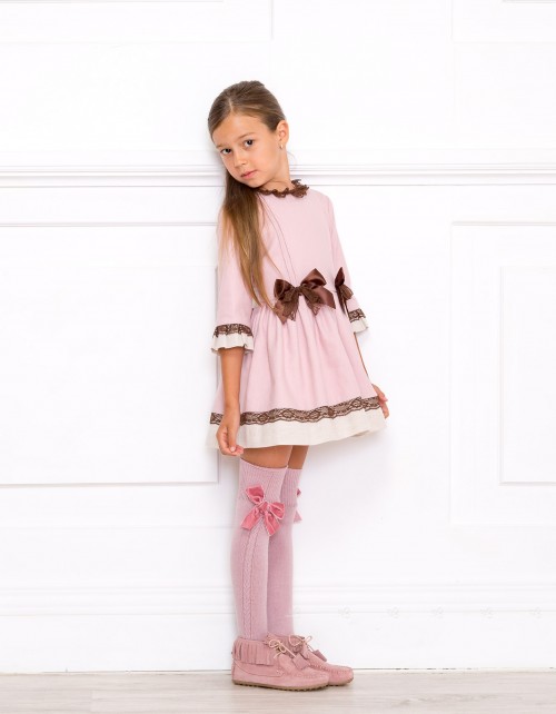 Girls Pink Dress with Chocolate Lace & Bows