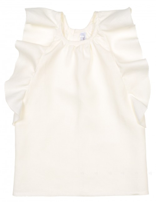Girls Ivory Linen Blouse with Ruffle