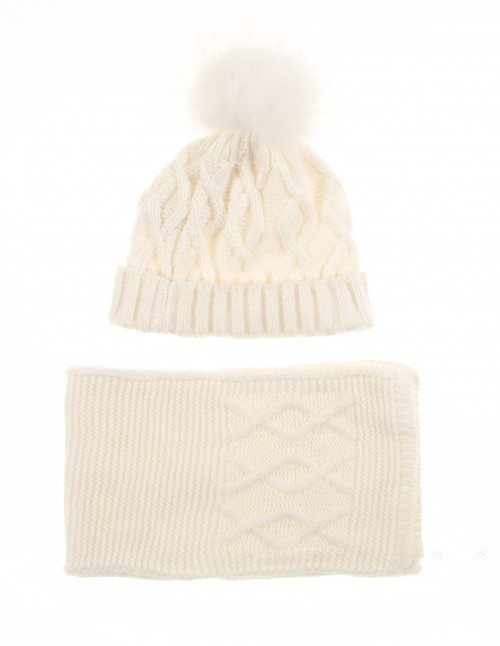 Ivory Knitted Hat & Scarf Set with Fur Pompom