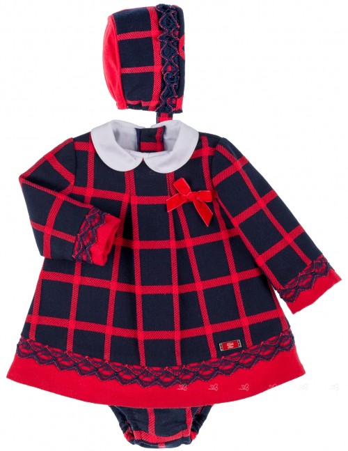 Baby Girls Blue & Red Checked 3 Piece Dress Set
