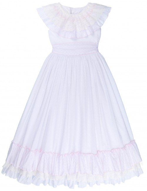 Badum Badero Vestido Niña Comunión Plumeti Blanco & Rosa con Volantes