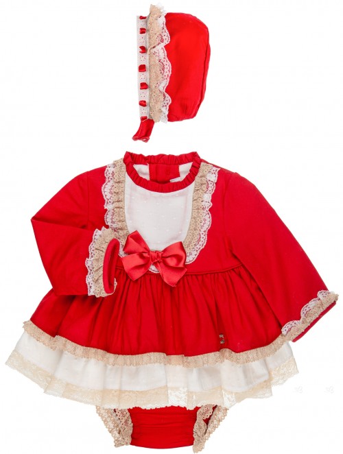 Dolce Petit Baby Girls Red 3 Piece Dress Set with Ivory Ruffles