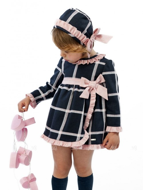 Girls Navy Blue & Pink Checked Dress Set 