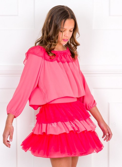 Girls Coral Pink Ruffle Blouse & Skirt Set