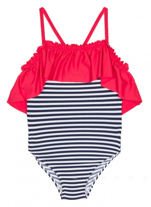 Navy Blue & Red Striped Ruffle Swimsuit