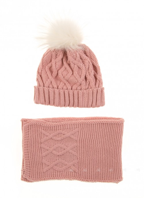 Dusky Pink Knitted Hat & Snood Set with Fur Pompom