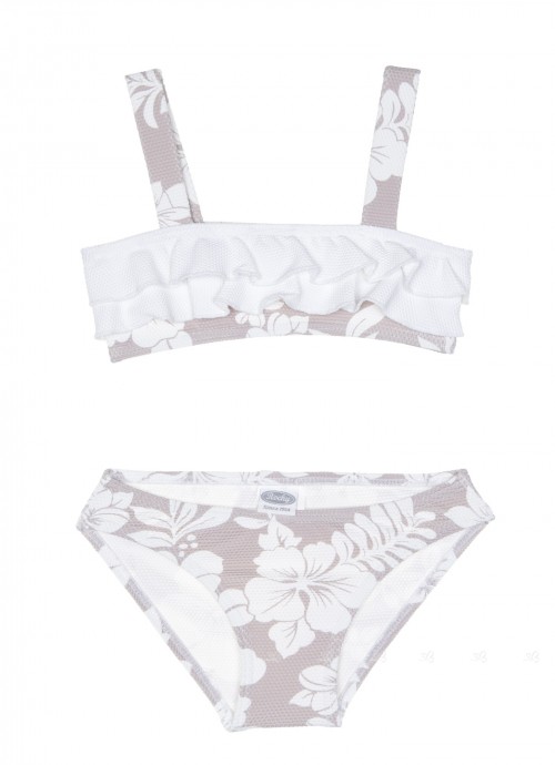 Gray & White Floral Print Ruffle Bikini 