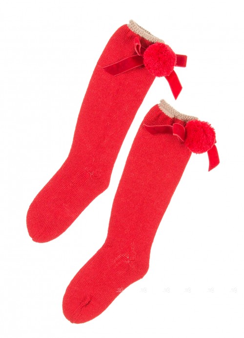 Red Knitted Long Socks With Pompoms