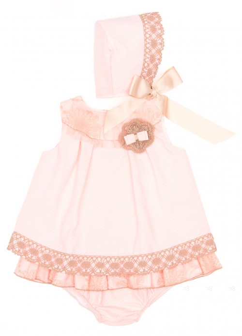 Pastel Pink & Beige Cotton Lace 3 piece Dress Set 