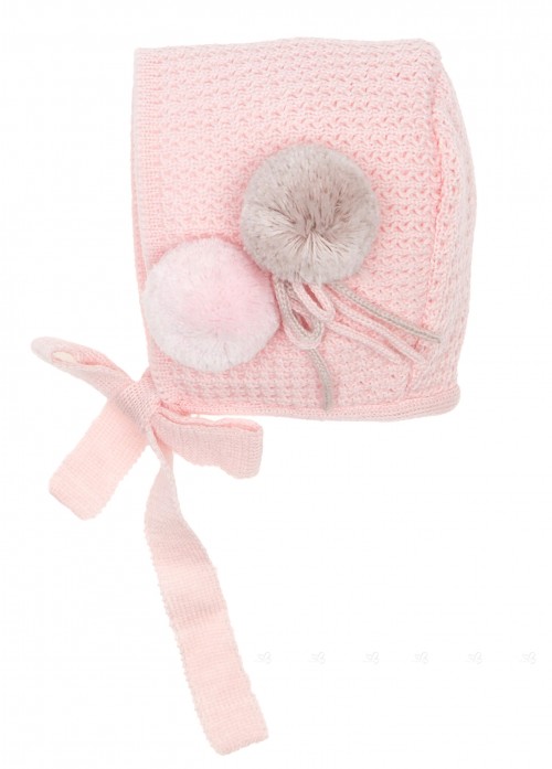 Blush Pink Merino Bonnet with Pompoms