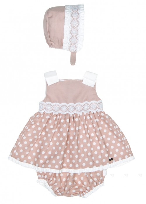 Baby Tan & White Polka Dot 3 Piece Dress Set