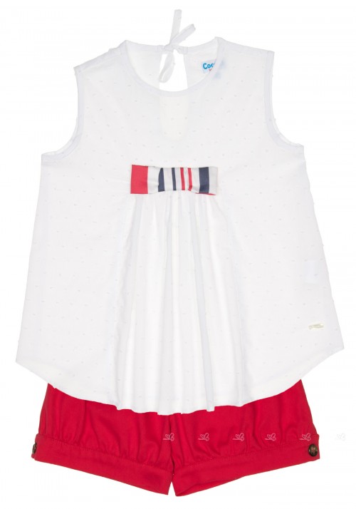Girls White Polka Dot Top & Red Cotton Shorts Set