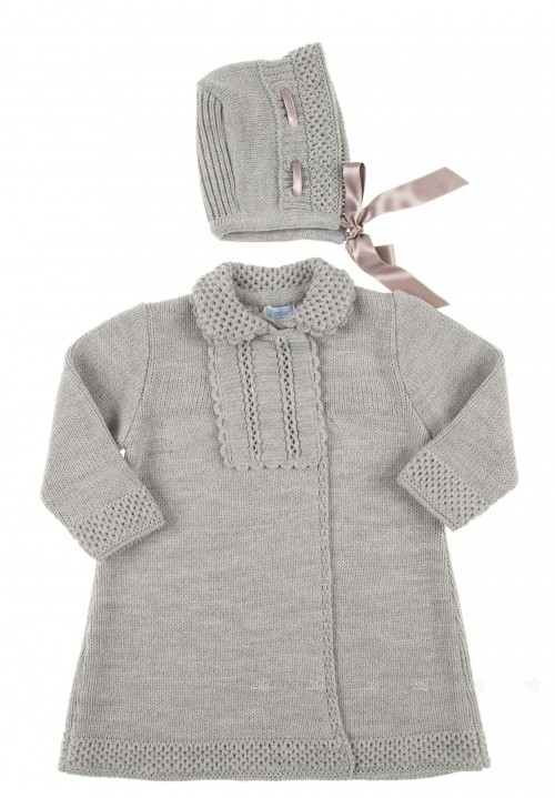 Grey 2 Piece Cotton Knitted Coat & Bonnet Set