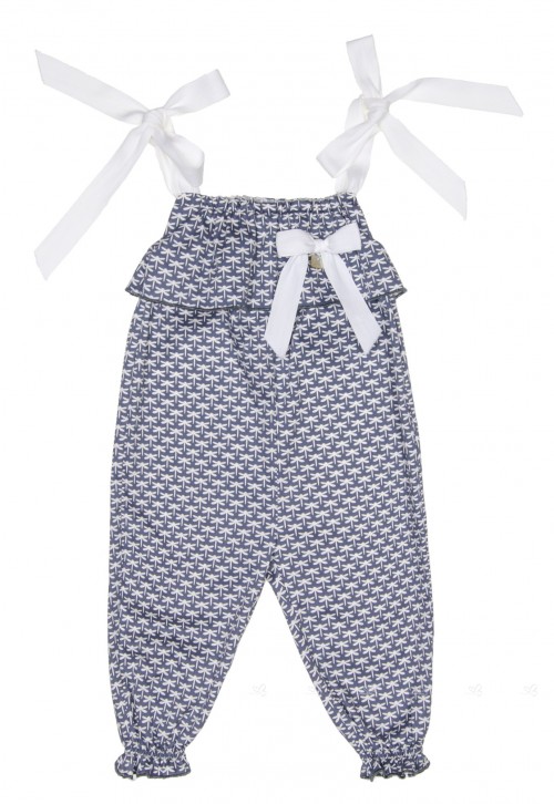 Denim Blue & White Dragonfly Print Jumpsuit with Ruffle Collar