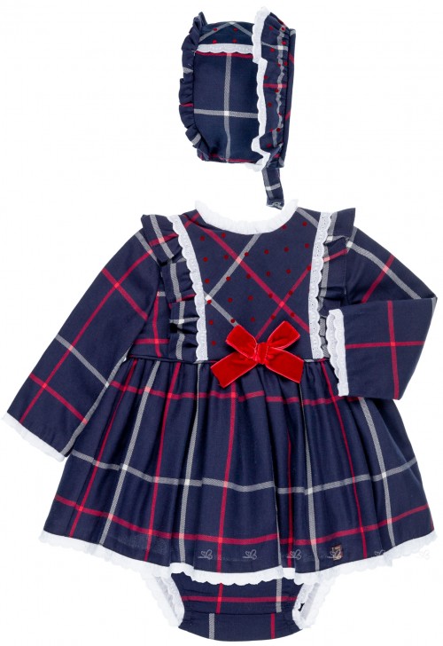 Dolce Petit Baby Girls Navy Blue & Red Checked 3 Piece Dress Set 