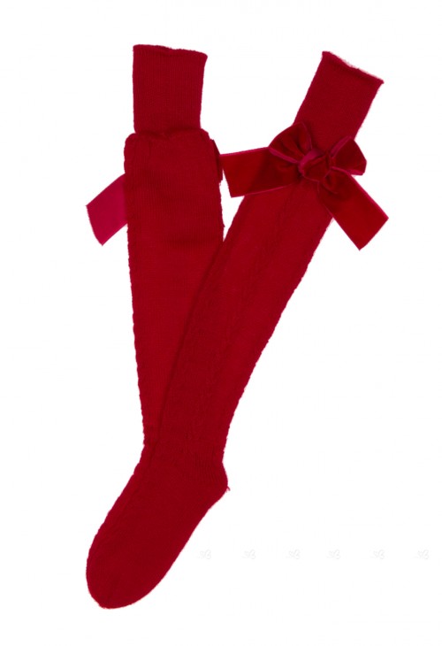 Red Fine Knitted Long Socks with Velvet Bow