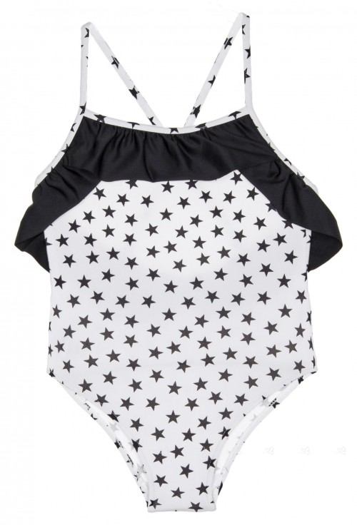 White & Black Star Print Ruffle Swimsuit