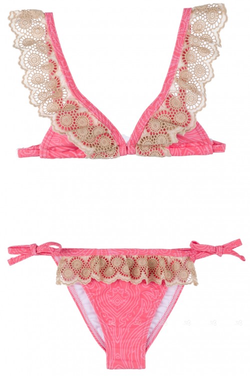 Girls Coral Pink Bikini with Lace